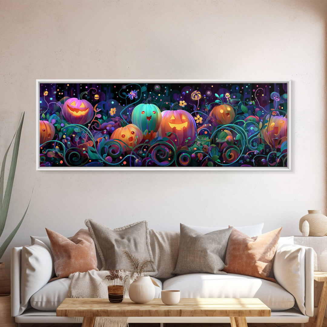 The Pumpkin Flower Garden, 80s Halloween Wall Art, Extra Wide Wall Art, Canvas Print, Retro Halloween Decor, Neon Wall Art