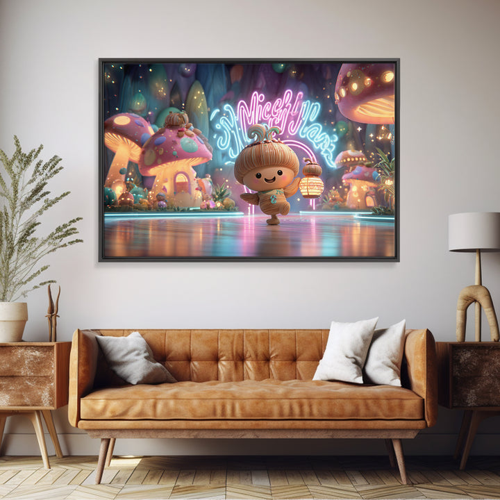 The Moonlit Acorn Village, Vaporwave Halloween Decor, Landscape Wall Art, Framed Canvas Print, Retro Halloween Decor, Neon Wall Art