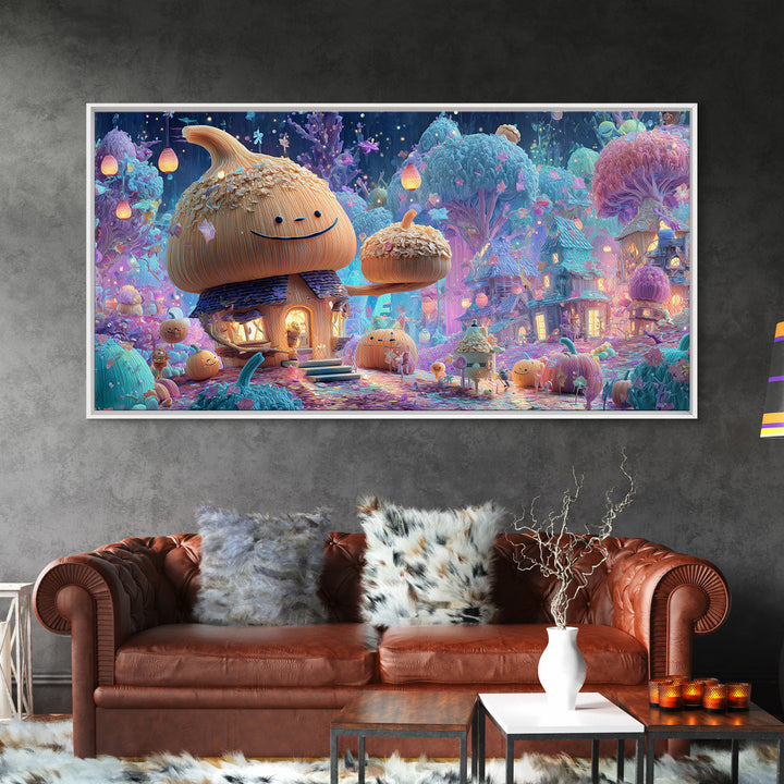 The Moonlit Acorn Village, Retro Neon Halloween Art, Wide Panoramic Art, Canvas Print, Retro Halloween Decor, Neon Wall Art