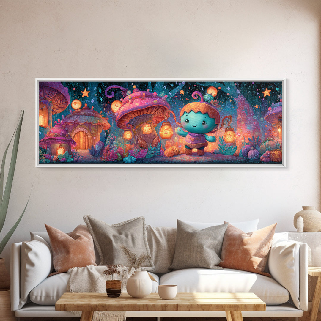The Moonlit Acorn Village, 80s Halloween Wall Art, Extra Wide Wall Art, Canvas Print, Retro Halloween Decor, Neon Wall Art
