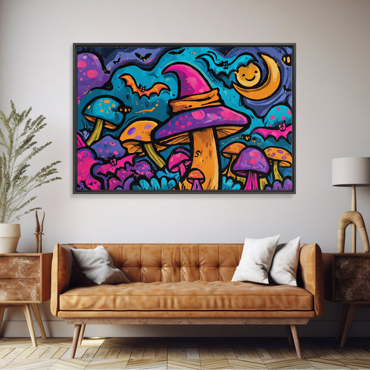 The Friendly Mushroom Forest, Vaporwave Halloween Decor, Landscape Wall Art, Framed Canvas Print, Retro Halloween Decor, Neon Wall Art
