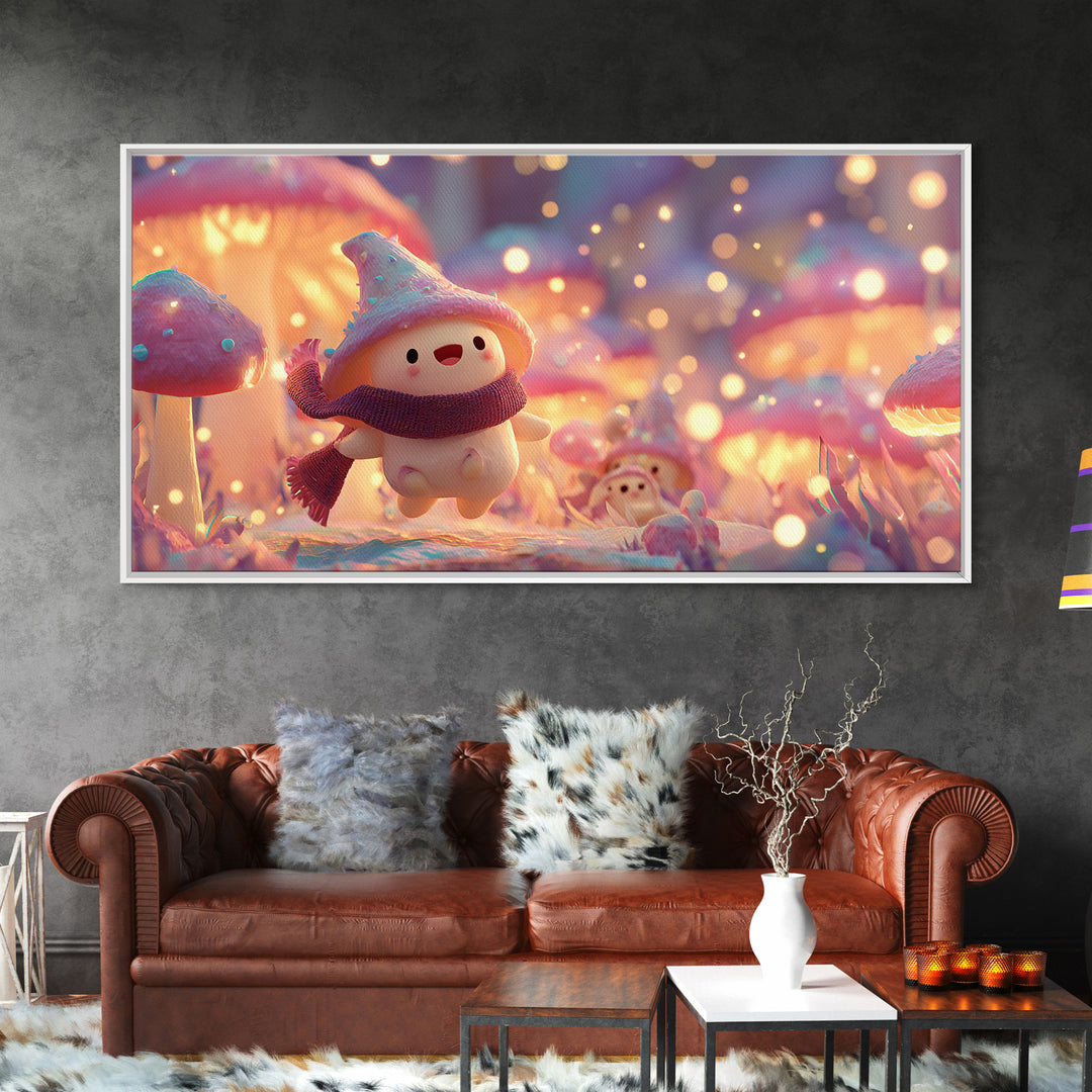 The Friendly Mushroom Forest, Vaporwave Halloween Decor, Wide Panoramic Art, Framed Canvas Print, Retro Halloween Decor, Neon Wall Art
