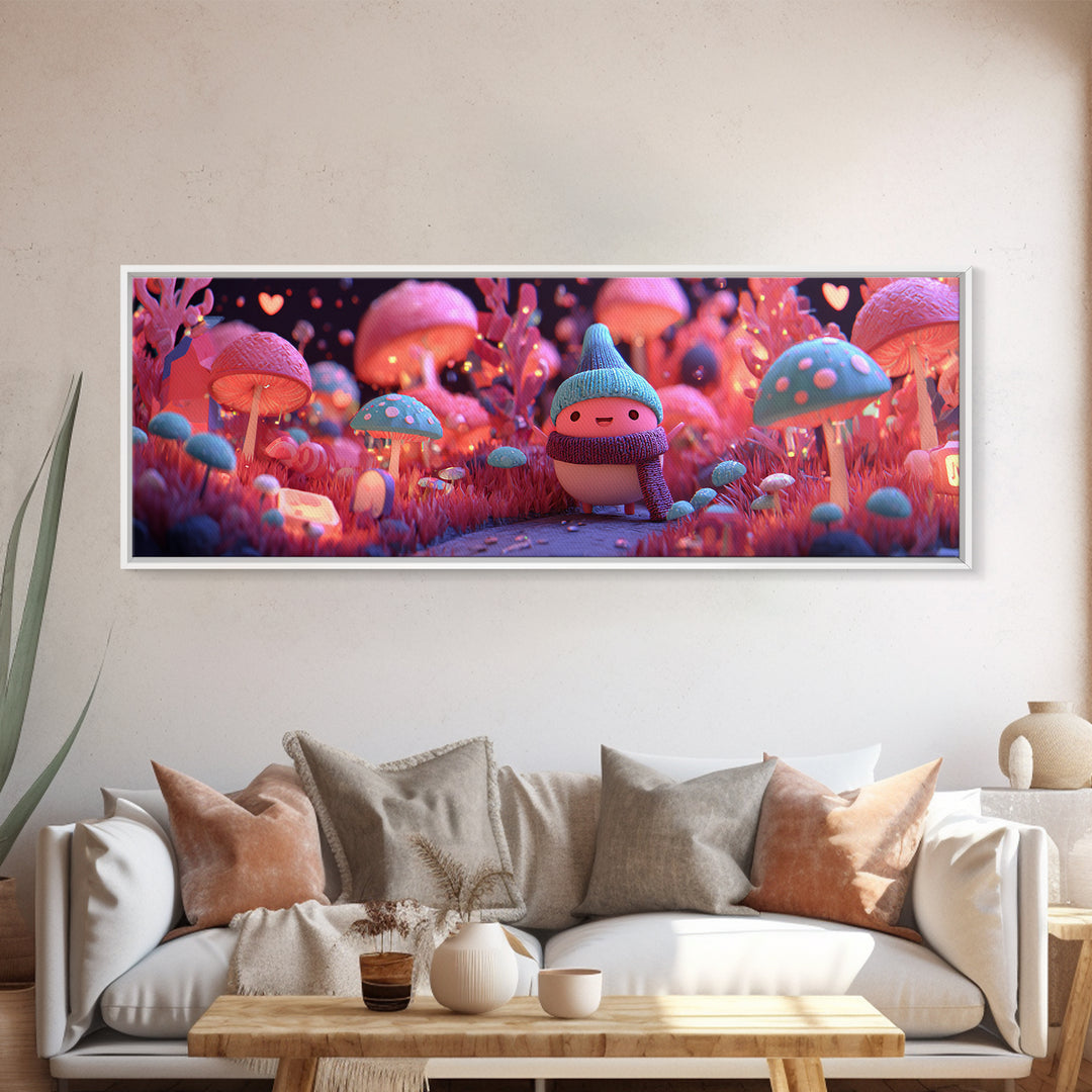 The Friendly Mushroom Forest, Retro Neon Halloween Art, Extra Wide Wall Art, Framed Canvas Print, Retro Halloween Decor, Neon Wall Art