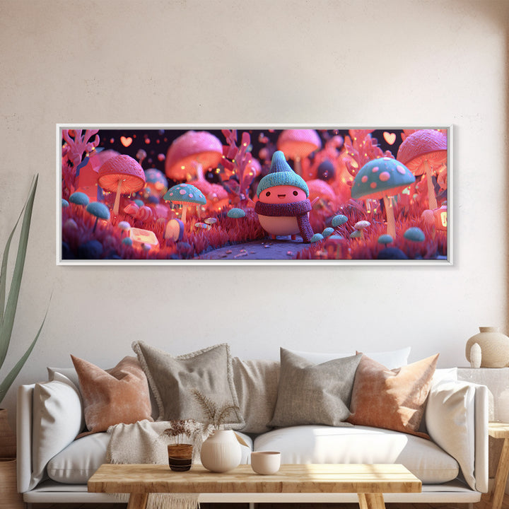 The Friendly Mushroom Forest, Retro Neon Halloween Art, Extra Wide Wall Art, Framed Canvas Print, Retro Halloween Decor, Neon Wall Art
