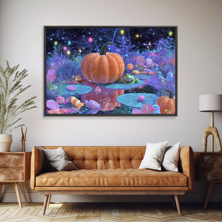 The Star-Filled Pumpkin Pond, Vaporwave Halloween Decor, Landscape Wall Art, Framed Canvas Print, Retro Halloween Decor, Neon Wall Art