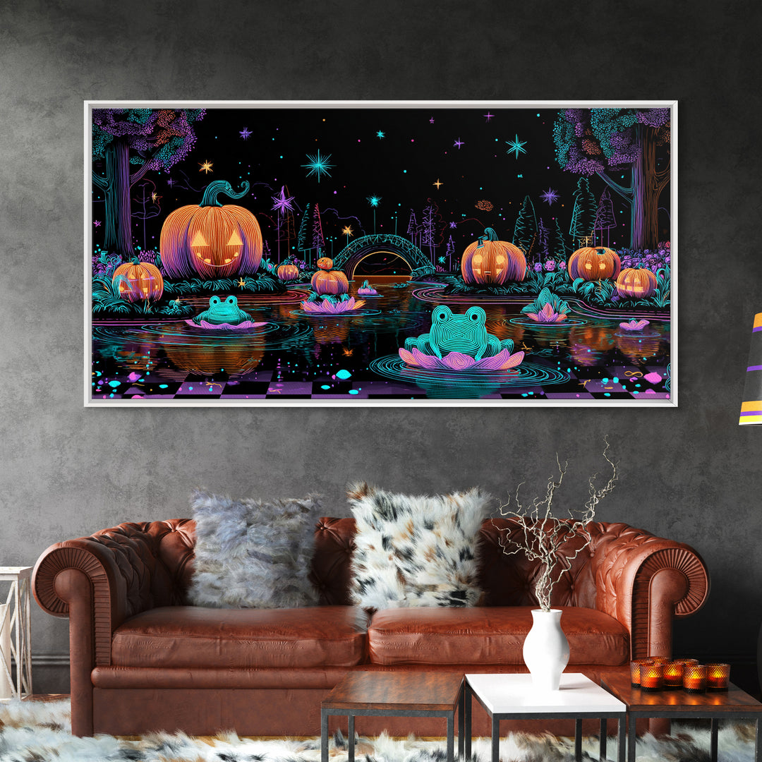 The Star-Filled Pumpkin Pond, Retro Neon Halloween Art, Wide Panoramic Art, Framed Canvas Print, Retro Halloween Decor, Neon Wall Art