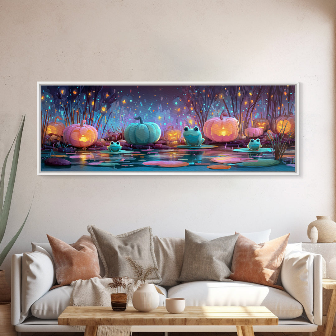 The Star-Filled Pumpkin Pond, Retro Neon Halloween Art, Extra Wide Wall Art, Canvas Print, Retro Halloween Decor, Neon Wall Art