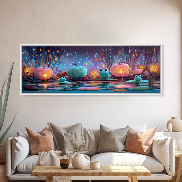 The Star-Filled Pumpkin Pond, Retro Neon Halloween Art, Extra Wide Wall Art, Canvas Print, Retro Halloween Decor, Neon Wall Art