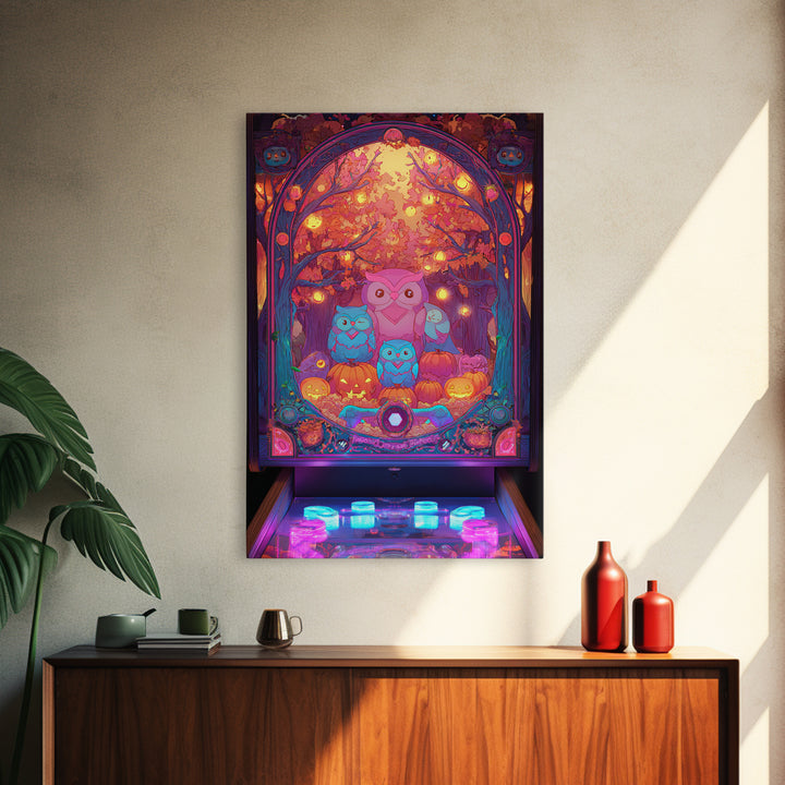 The Sleepy Owl Orchard, Cute Spooky Neon Art, Vertical Wall Art, Framed Canvas Print, Retro Halloween Decor, Neon Wall Art