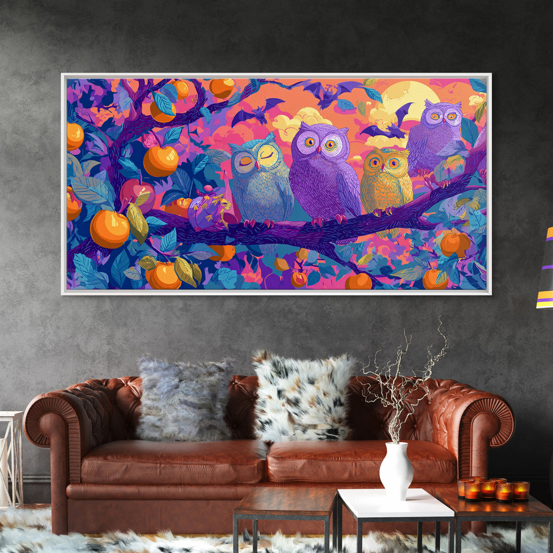 The Sleepy Owl Orchard, Retro Neon Halloween Art, Wide Panoramic Art, Framed Canvas Print, Retro Halloween Decor, Neon Wall Art