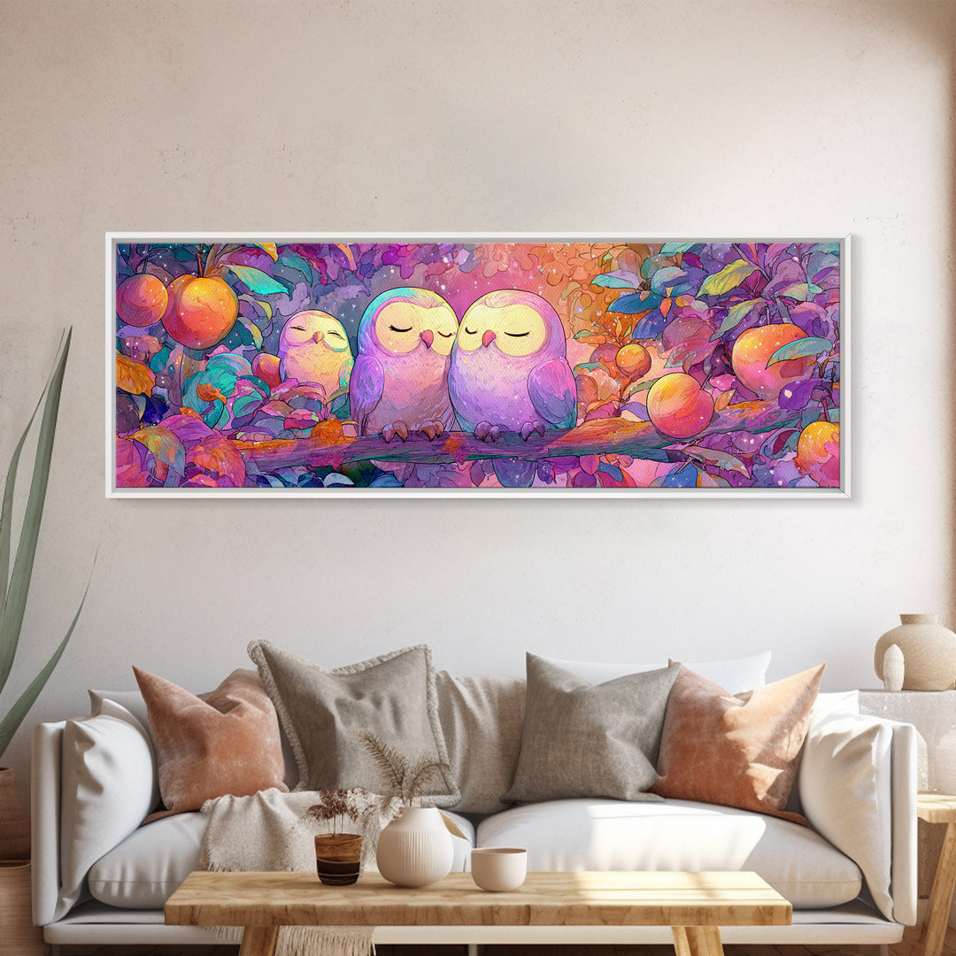 The Sleepy Owl Orchard, Cute Spooky Neon Art, Extra Wide Wall Art, Framed Canvas Print, Retro Halloween Decor, Neon Wall Art
