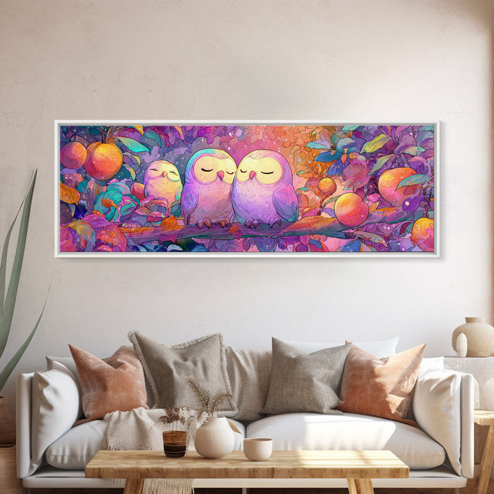 The Sleepy Owl Orchard, Cute Spooky Neon Art, Extra Wide Wall Art, Framed Canvas Print, Retro Halloween Decor, Neon Wall Art