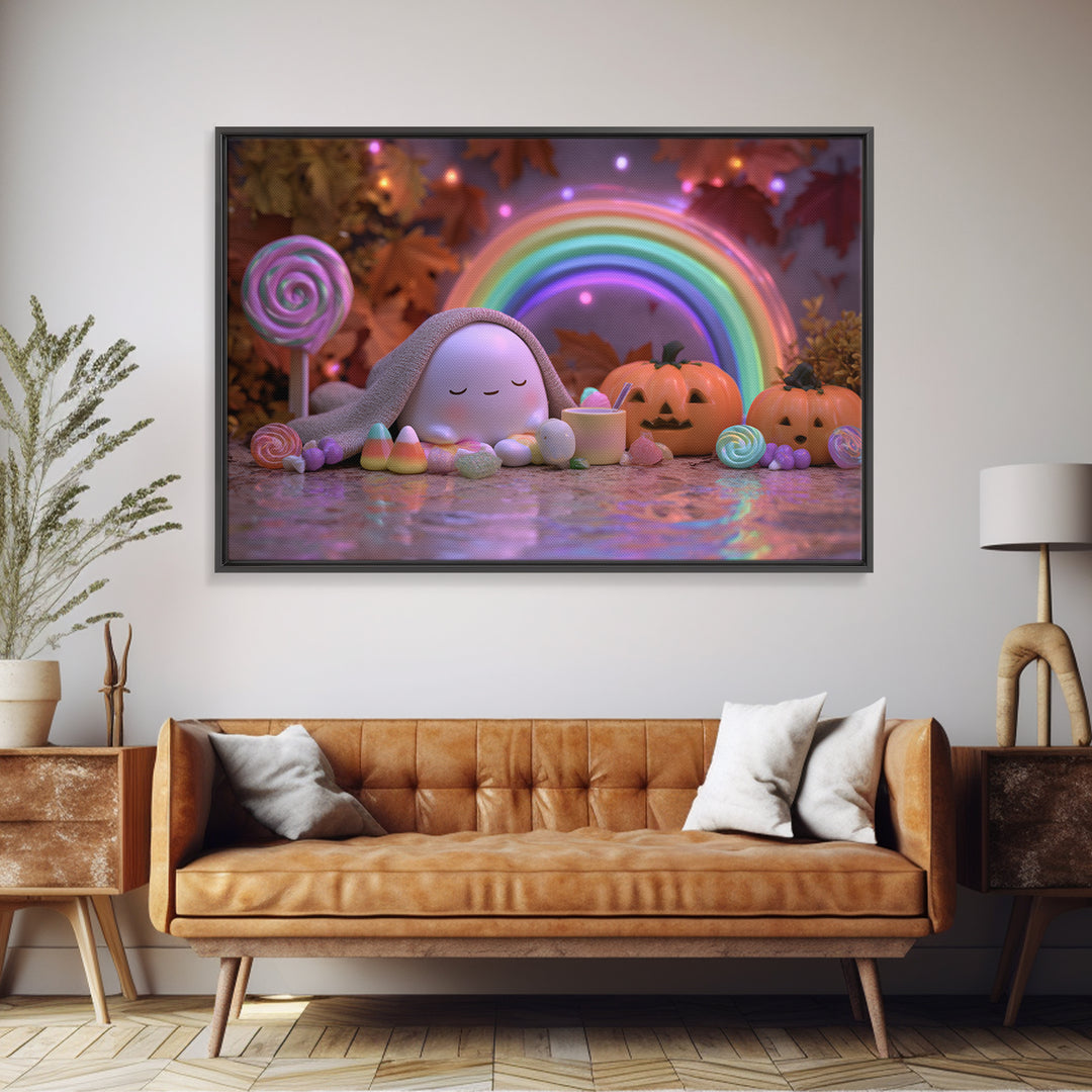 The Rainbow After The Halloween Rain, Synthwave Halloween Art, Landscape Wall Art, Framed Canvas Print, Retro Halloween Decor, Neon Wall Art