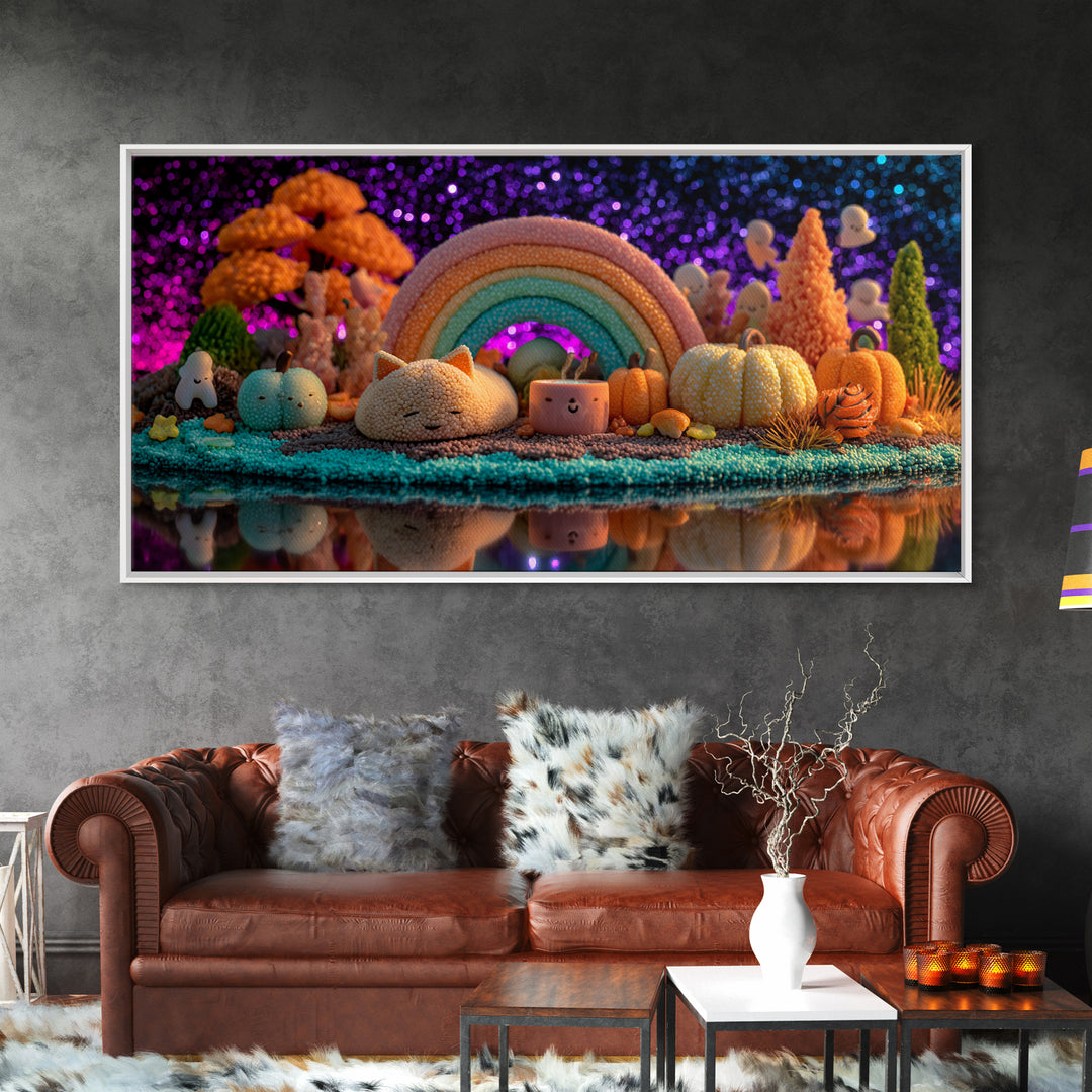 The Rainbow After The Halloween Rain, 80s Halloween Wall Art, Wide Panoramic Art, Framed Canvas Print, Retro Halloween Decor, Neon Wall Art