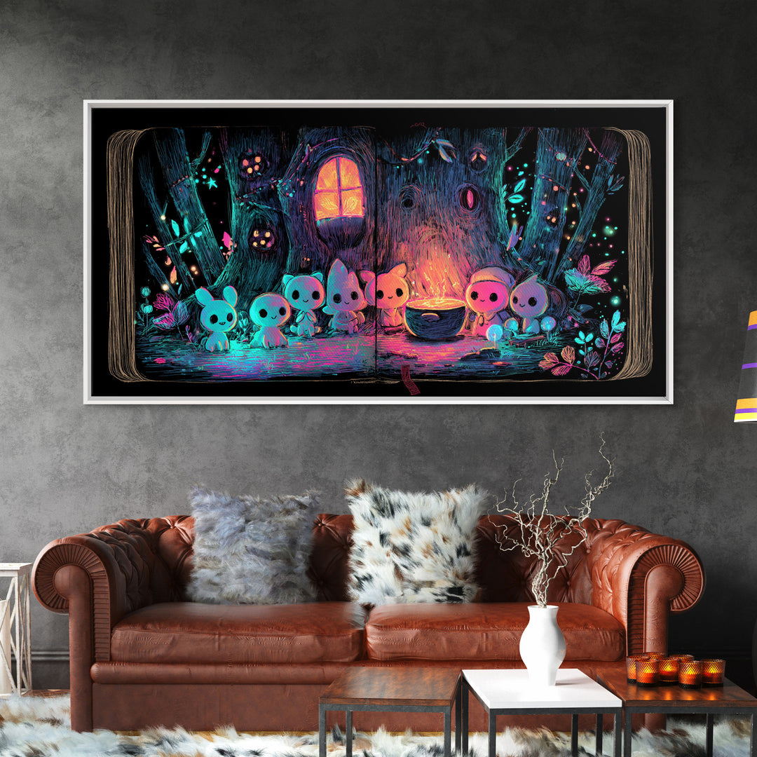 The Cozy Hollow Tree, Retro Neon Halloween Art, Wide Panoramic Art, Canvas Print, Retro Halloween Decor, Neon Wall Art, Statement Wall Art