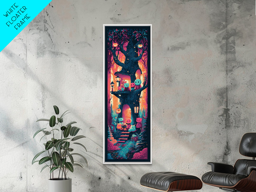 The Cozy Hollow Tree, Retro Neon Halloween Art, Tall Narrow Wall Art, Canvas Print, Retro Halloween Decor, Neon Wall Art, Statement Wall Art