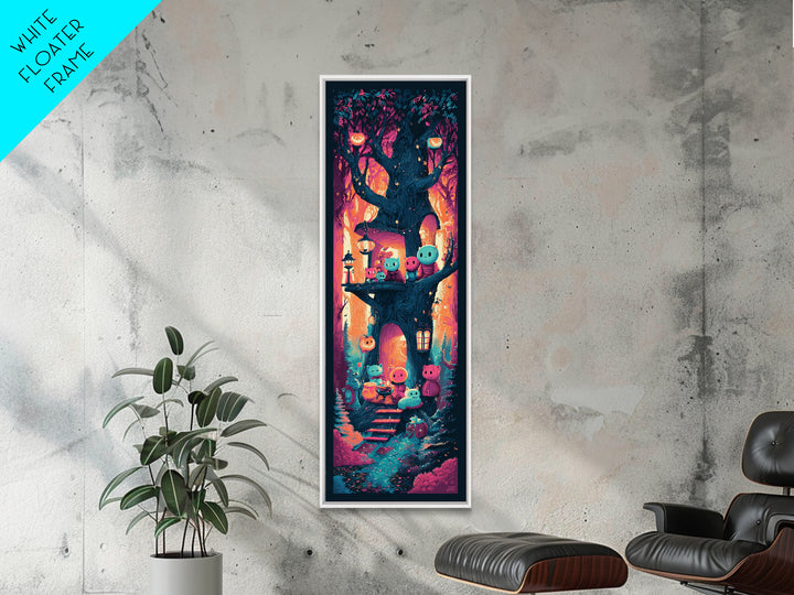 The Cozy Hollow Tree, Retro Neon Halloween Art, Tall Narrow Wall Art, Canvas Print, Retro Halloween Decor, Neon Wall Art, Statement Wall Art