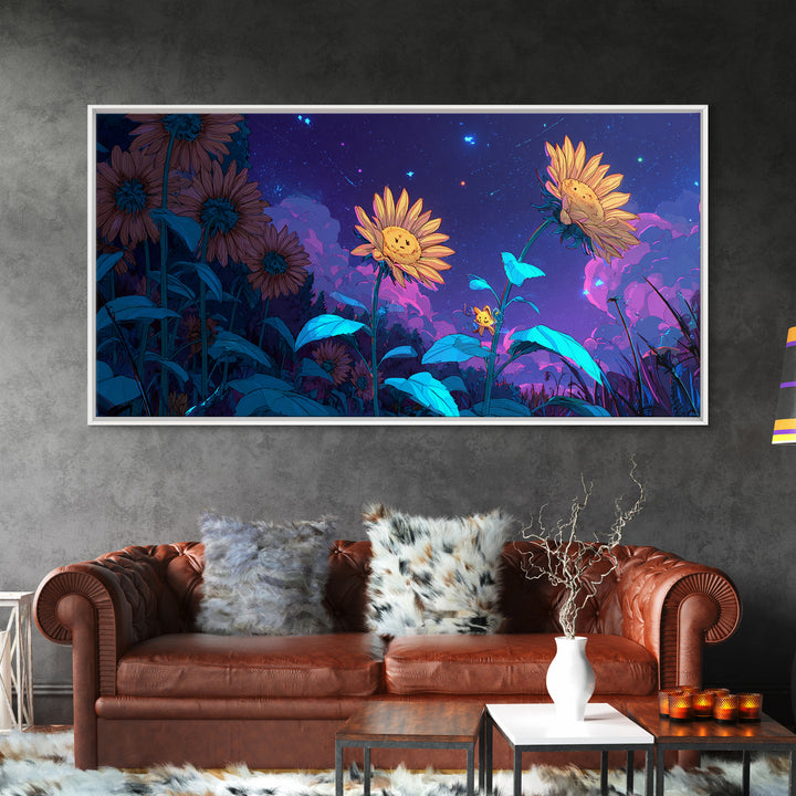 The Singing Sunflowers At Midnight, Synthwave Halloween Art, Wide Panoramic Art, Canvas Print, Retro Halloween Decor, Neon Wall Art