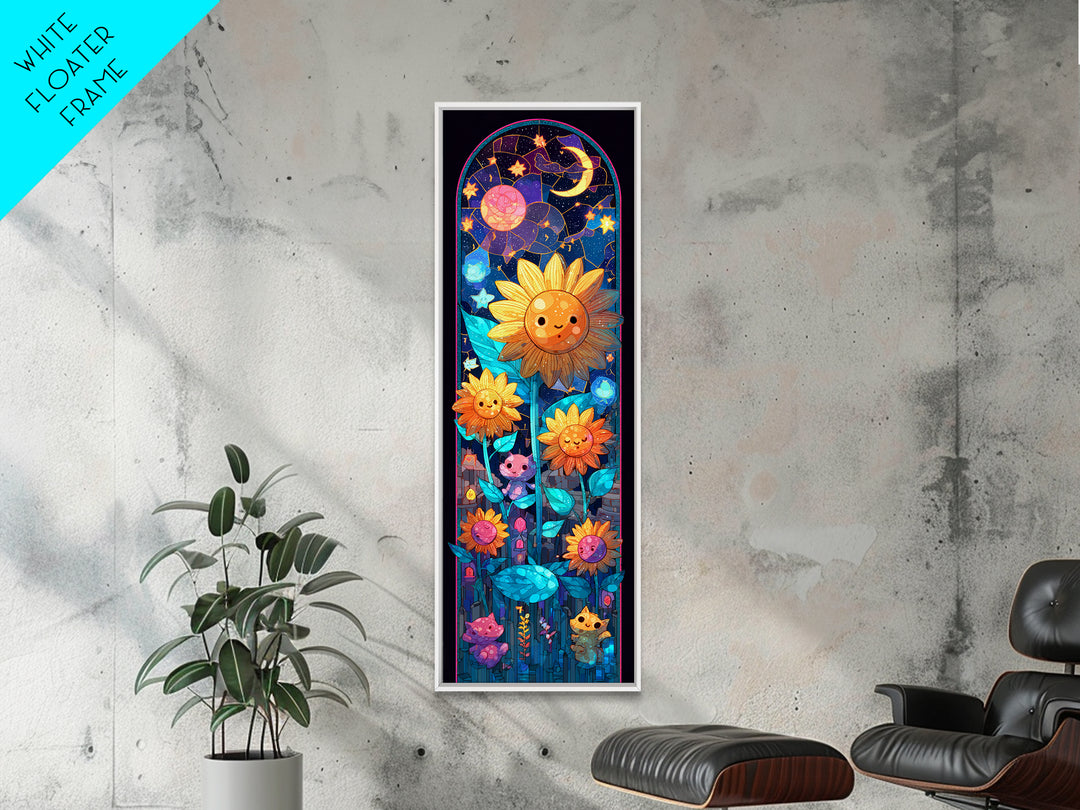 The Singing Sunflowers At Midnight, Retro Neon Halloween Art, Tall Narrow Wall Art, Framed Canvas Print, Retro Halloween Decor