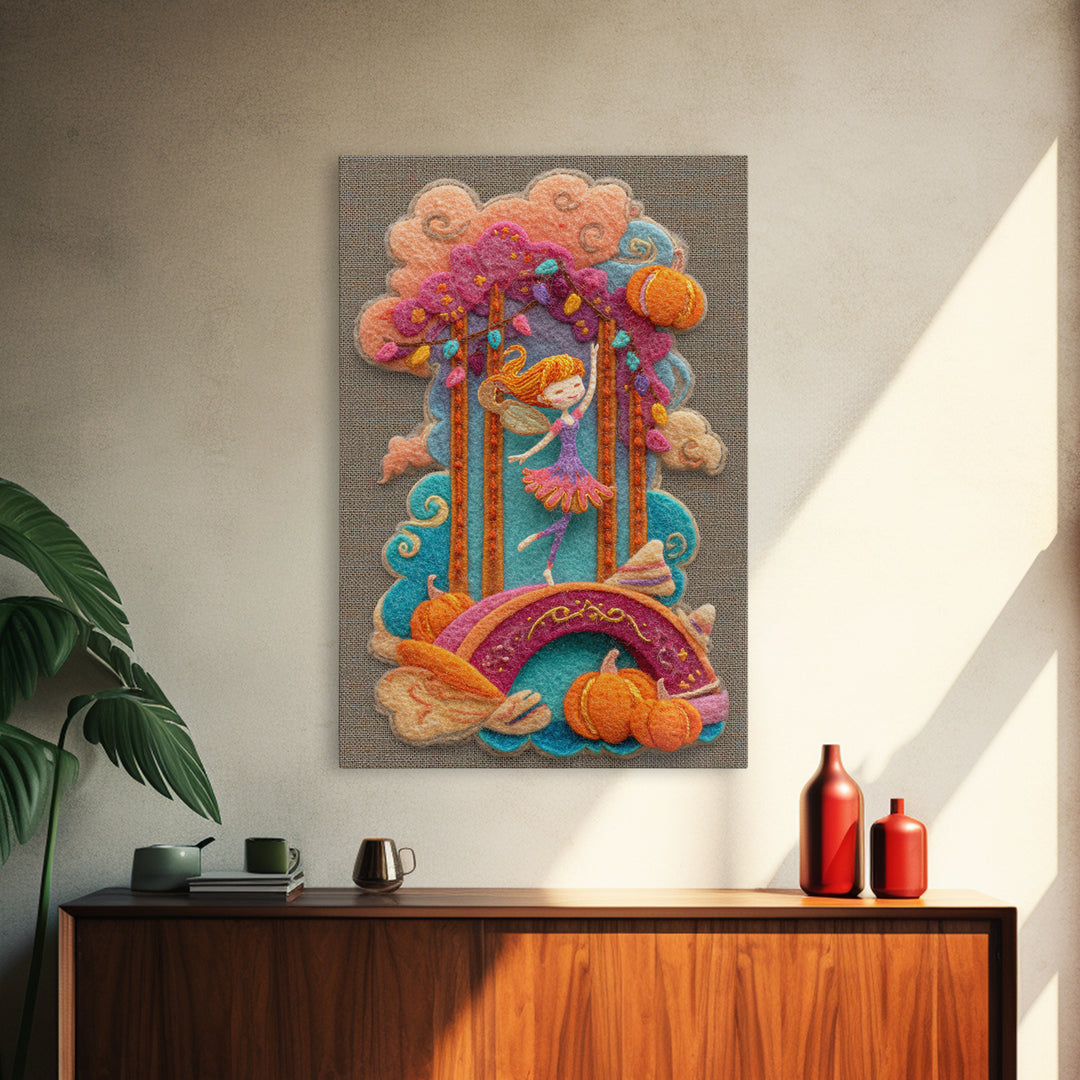 The Autumn Fairy Bridge, Cute Spooky Neon Art, Vertical Wall Art, Canvas Print, Retro Halloween Decor, Neon Wall Art, Collectible Wall Decor