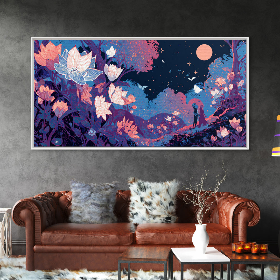 The Moon-Moth Garden, Cute Spooky Neon Art, Wide Panoramic Art, Framed Canvas Print, Retro Halloween Decor, Neon Wall Art, Horror Wall Art