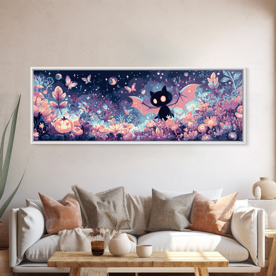 The Moon-Moth Garden, Synthwave Halloween Art, Extra Wide Wall Art, Framed Canvas Print, Retro Halloween Decor, Neon Wall Art