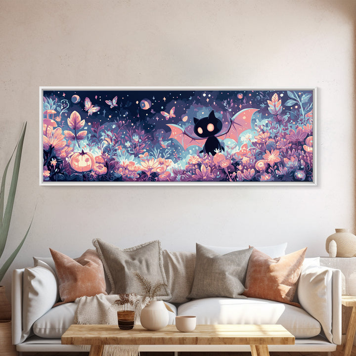 The Moon-Moth Garden, Synthwave Halloween Art, Extra Wide Wall Art, Framed Canvas Print, Retro Halloween Decor, Neon Wall Art