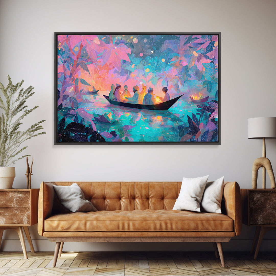 The Golden Leaf River, Cute Spooky Neon Art, Landscape Wall Art, Canvas Print, Retro Halloween Decor, Neon Wall Art, Dark Fantasy Art