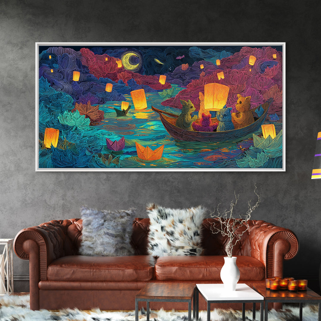 The Golden Leaf River, Cute Spooky Neon Art, Wide Panoramic Art, Framed Canvas Print, Retro Halloween Decor, Neon Wall Art