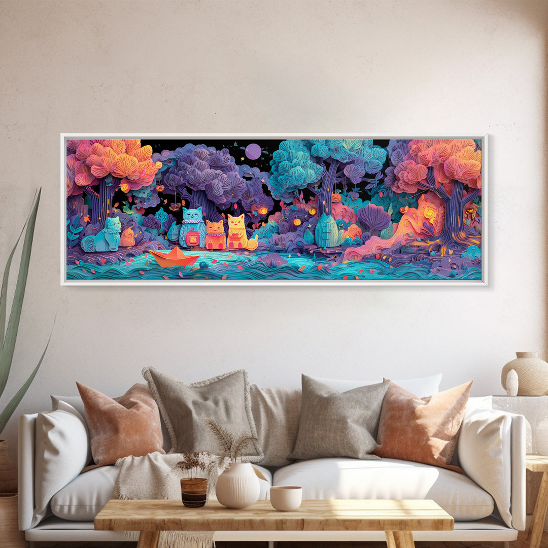 The Golden Leaf River, 80s Halloween Wall Art, Extra Wide Wall Art, Canvas Print, Retro Halloween Decor, Neon Wall Art
