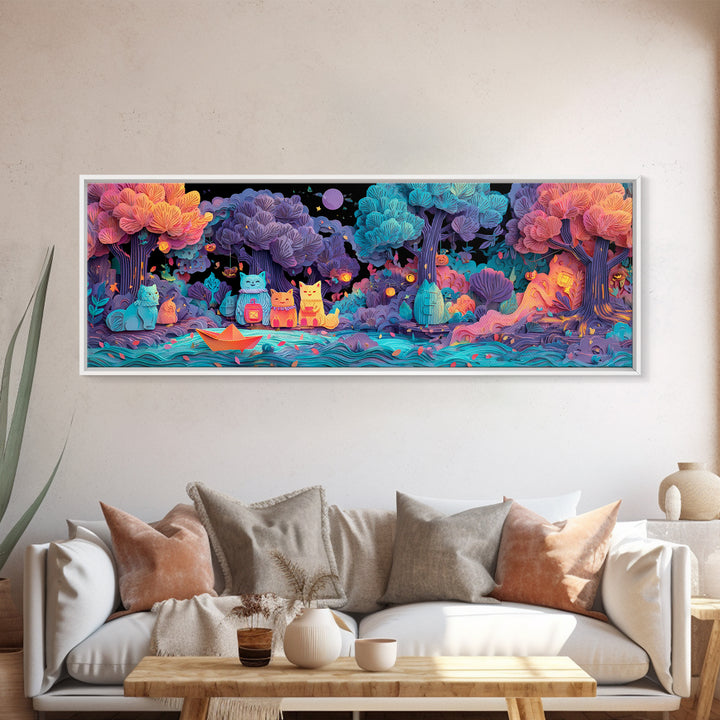 The Golden Leaf River, 80s Halloween Wall Art, Extra Wide Wall Art, Canvas Print, Retro Halloween Decor, Neon Wall Art