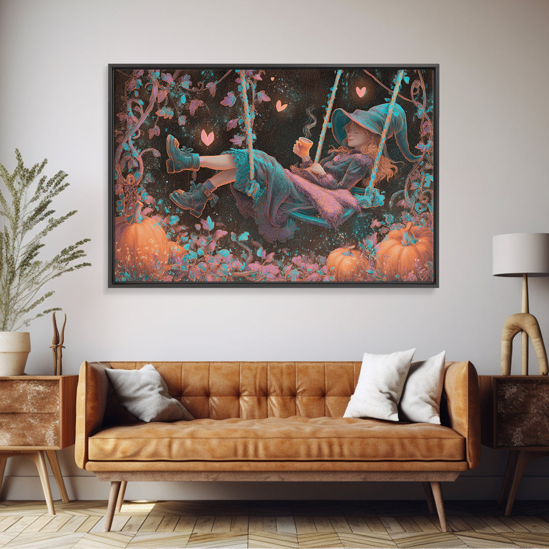 The Pumpkin Vine Swing, Vaporwave Halloween Decor, Landscape Wall Art, Canvas Print, Retro Halloween Decor, Neon Wall Art