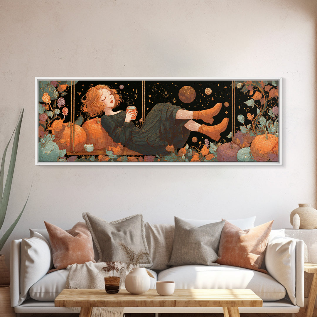 The Pumpkin Vine Swing, 80s Halloween Wall Art, Extra Wide Wall Art, Framed Canvas Print, Retro Halloween Decor, Neon Wall Art