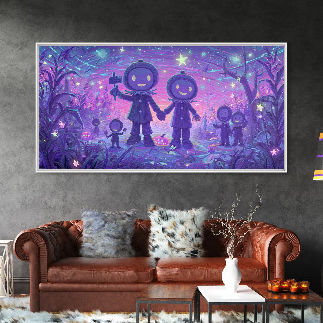 The Starry Cornfield Maze, 80s Halloween Wall Art, Wide Panoramic Art, Framed Canvas Print, Retro Halloween Decor, Neon Wall Art