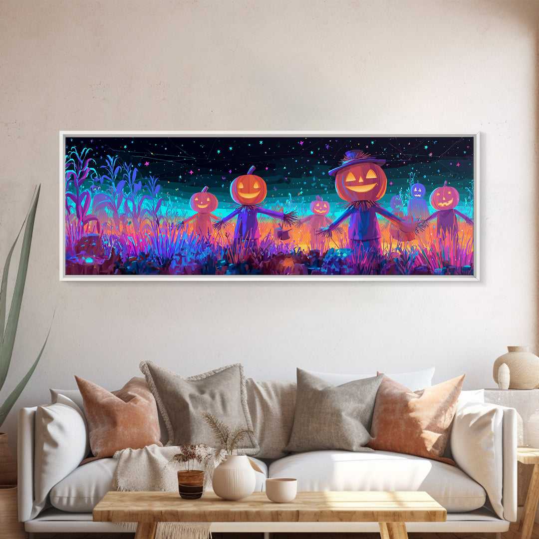 The Starry Cornfield Maze, Retro Neon Halloween Art, Extra Wide Wall Art, Canvas Print, Retro Halloween Decor, Neon Wall Art