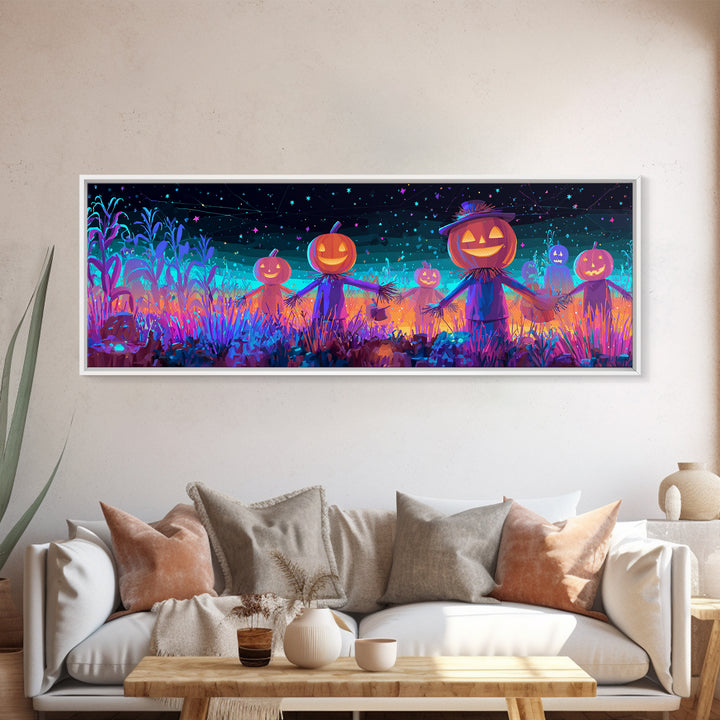 The Starry Cornfield Maze, Retro Neon Halloween Art, Extra Wide Wall Art, Canvas Print, Retro Halloween Decor, Neon Wall Art