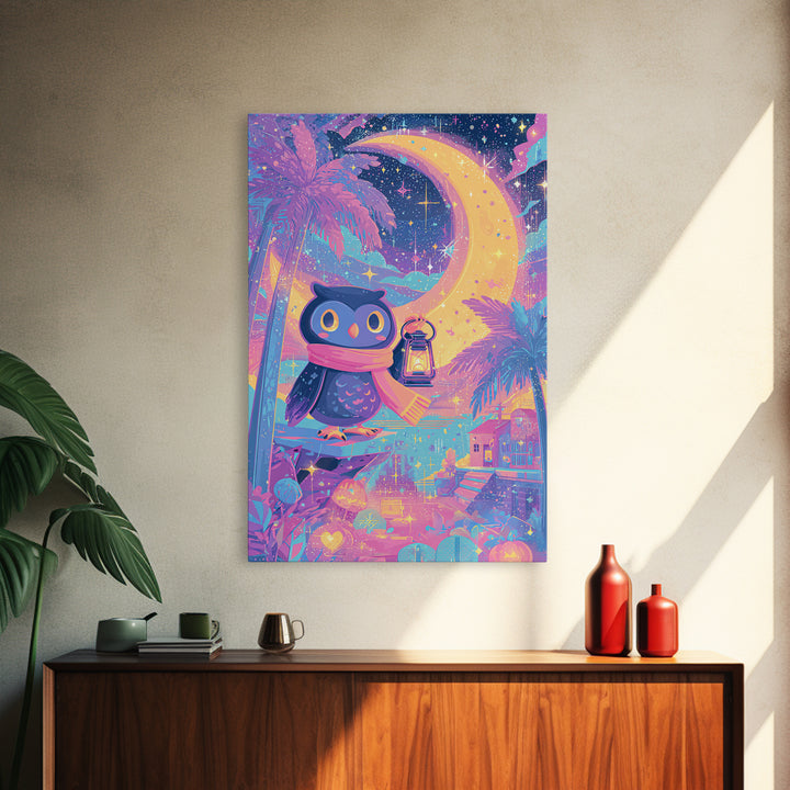 The Owl And The Crescent Moon, Cute Spooky Neon Art, Vertical Wall Art, Canvas Print, Retro Halloween Decor, Neon Wall Art