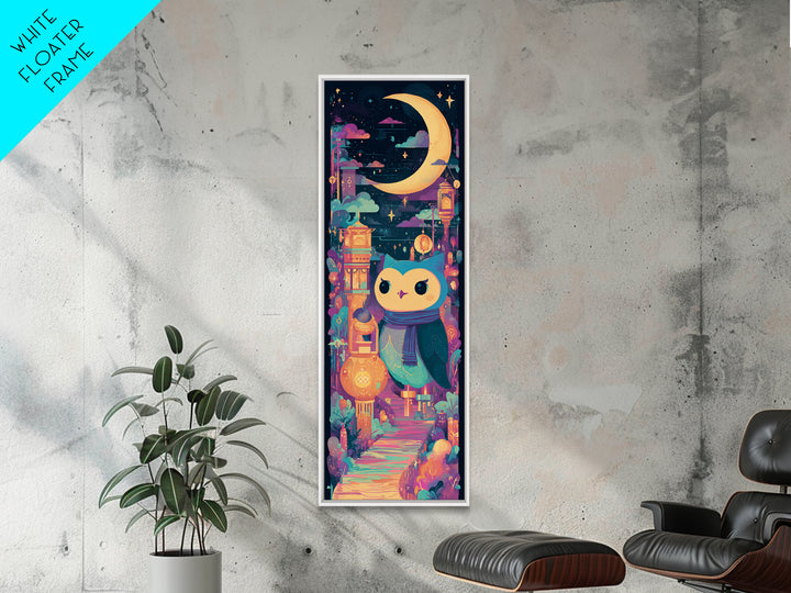 The Owl And The Crescent Moon, 80s Halloween Wall Art, Tall Narrow Wall Art, Canvas Print, Retro Halloween Decor, Neon Wall Art