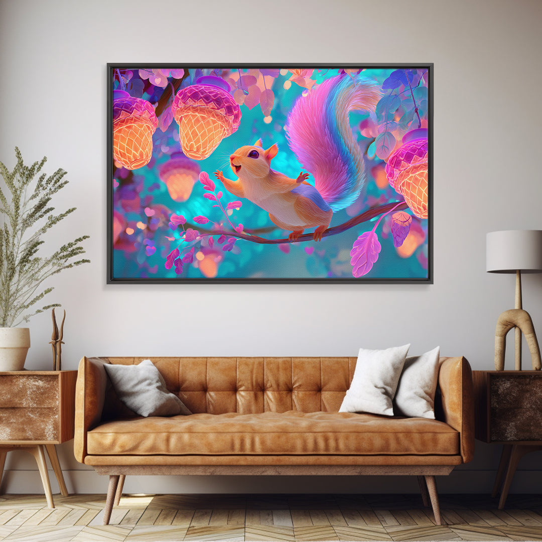 The Acorn Lantern Festival, Cute Spooky Neon Art, Landscape Wall Art, Framed Canvas Print, Retro Halloween Decor, Neon Wall Art