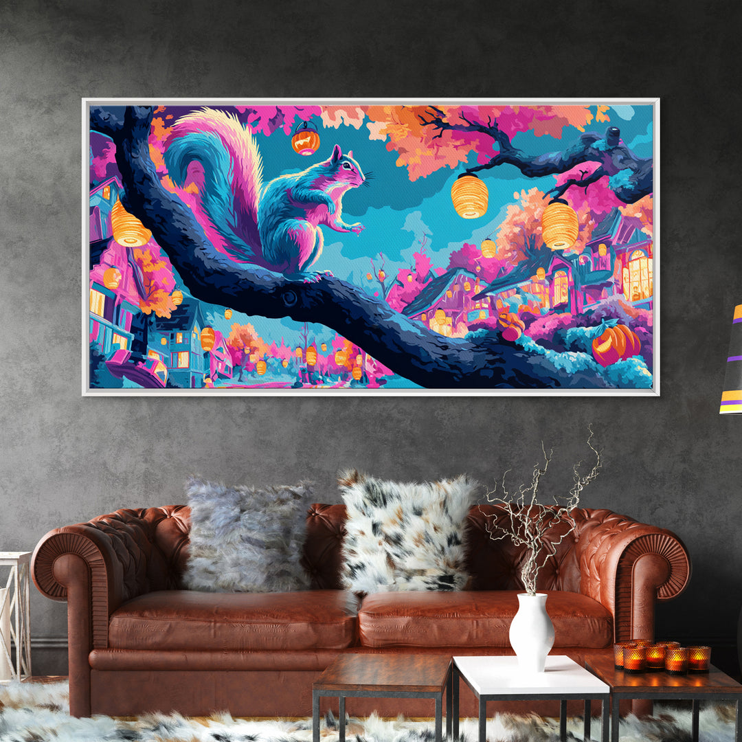 The Acorn Lantern Festival, Synthwave Halloween Art, Wide Panoramic Art, Framed Canvas Print, Retro Halloween Decor, Neon Wall Art