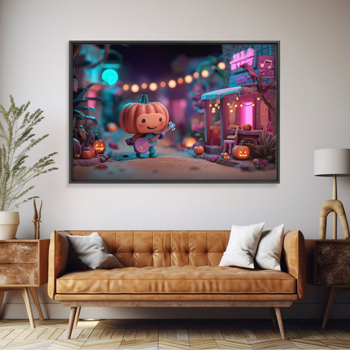 The Singing Pumpkin Patch, Vaporwave Halloween Decor, Landscape Wall Art, Framed Canvas Print, Retro Halloween Decor, Neon Wall Art