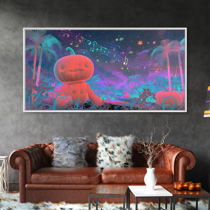 The Singing Pumpkin Patch, Vaporwave Halloween Decor, Wide Panoramic Art, Framed Canvas Print, Retro Halloween Decor, Neon Wall Art