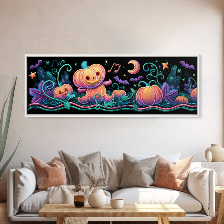 The Singing Pumpkin Patch, Retro Neon Halloween Art, Extra Wide Wall Art, Canvas Print, Retro Halloween Decor, Neon Wall Art