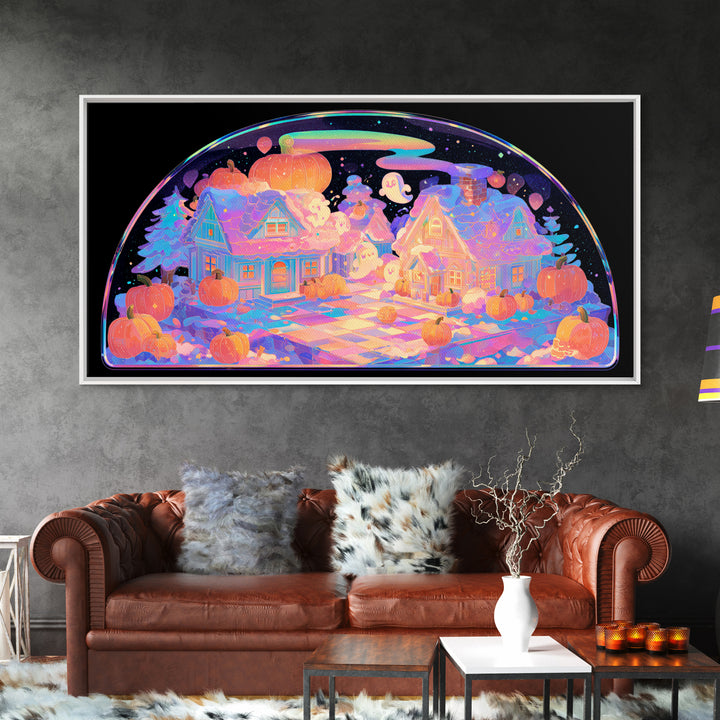 Halloween Inside A Snow Globe, 80s Halloween Wall Art, Wide Panoramic Art, Canvas Print, Retro Halloween Decor, Neon Wall Art