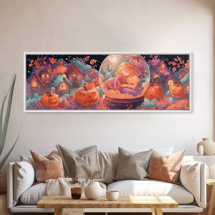 Halloween Inside A Snow Globe, 80s Halloween Wall Art, Extra Wide Wall Art, Canvas Print, Retro Halloween Decor, Neon Wall Art