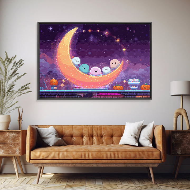 The Tiny Moon Carnival, Vaporwave Halloween Decor, Landscape Wall Art, Framed Canvas Print, Retro Halloween Decor, Neon Wall Art