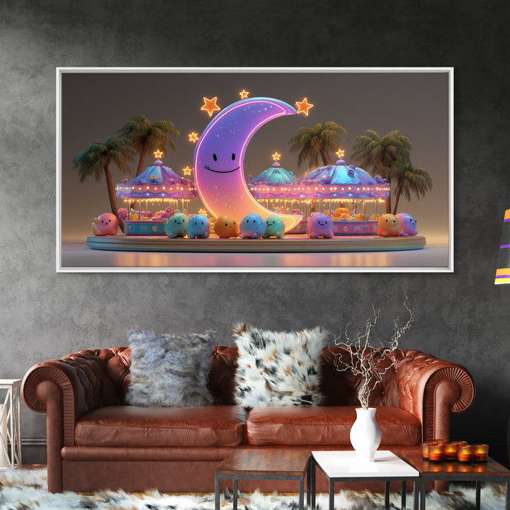 The Tiny Moon Carnival, Retro Neon Halloween Art, Wide Panoramic Art, Framed Canvas Print, Retro Halloween Decor, Neon Wall Art