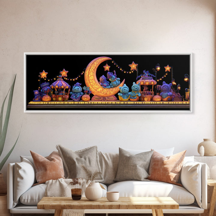 The Tiny Moon Carnival, 80s Halloween Wall Art, Extra Wide Wall Art, Framed Canvas Print, Retro Halloween Decor, Neon Wall Art