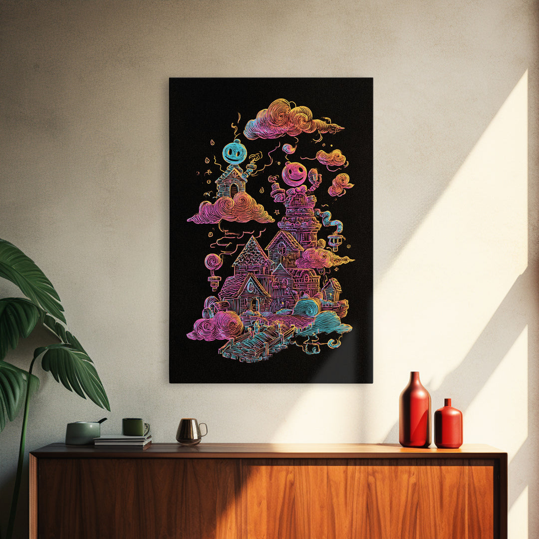 The Upside-Down Candy Kingdom, Vaporwave Halloween Decor, Vertical Wall Art, Canvas Print, Retro Halloween Decor, Neon Wall Art