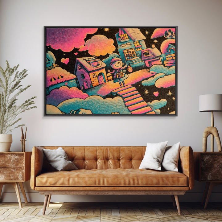 The Upside-Down Candy Kingdom, Synthwave Halloween Art, Landscape Wall Art, Framed Canvas Print, Retro Halloween Decor, Neon Wall Art